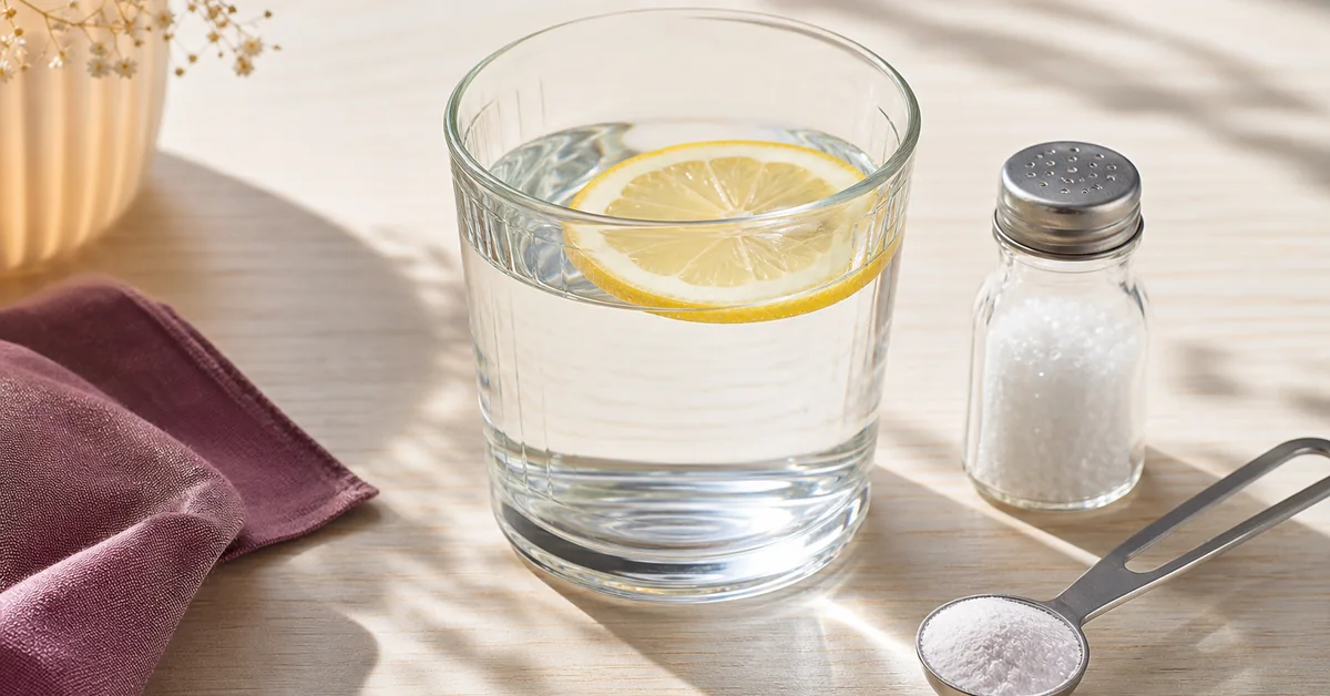 Glas Wasser mit Zitronenscheibe, kleiner Salzstreuer und Messlöffel mit Pulver auf einem hellen Holztisch im sommerlichen Sonnenlicht
