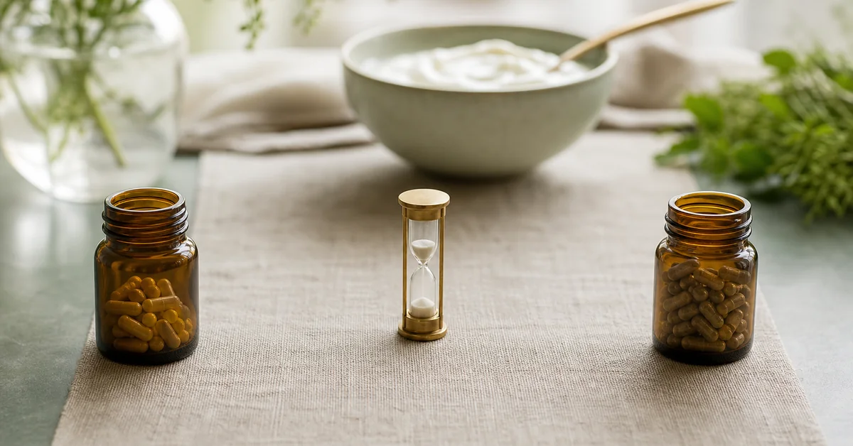 Ein Antibiotika-Tablettenblister und eine geöffnete Probiotika-Kapsel nebeneinander auf einer hellen Fläche, daneben ein Glas Wasser und eine Uhr, die den zeitlichen Abstand andeutet.