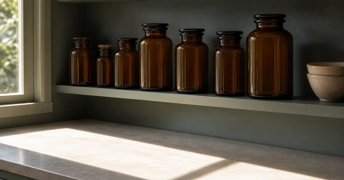 Geöffnete Vitamindose mit Silica-Gel-Beutel neben Fischöl-Kapseln und einer braunen Glasflasche auf einem sonnigen Fensterbrett