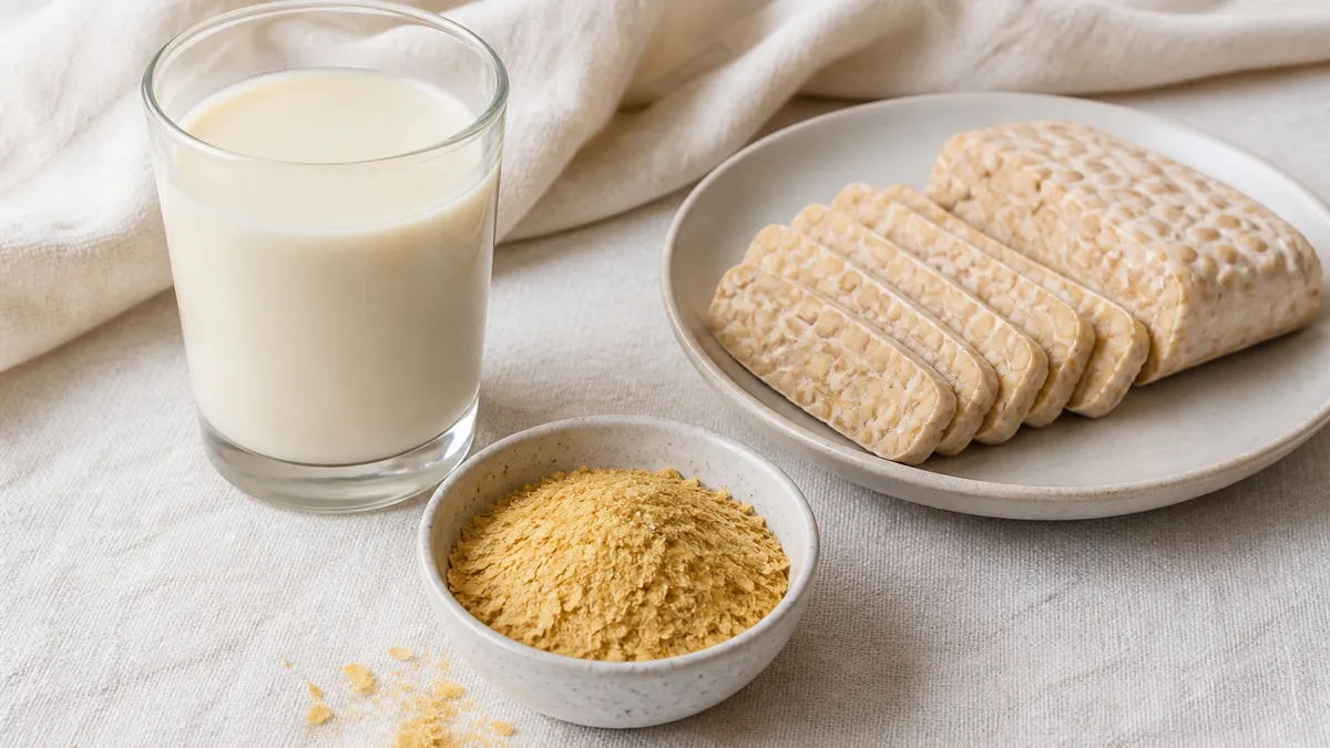 Bluttest-Röhrchen im Labor neben pflanzlichen Lebensmitteln und einem B12-Präparat, Symbolbild für die Kontrolle des Vitamin-B12-Status bei veganer Ernährung