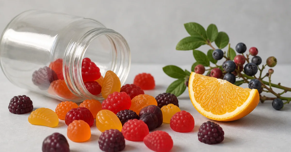 Bunte Vitamin-Gummibärchen auf einem hellen Untergrund