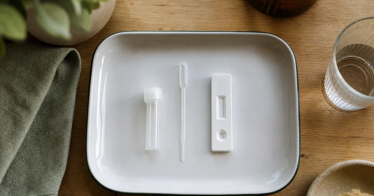 Selbsttest-Kit auf einem Küchentisch: Lanzette, Röhrchen mit Blutstropfen, Rücksendekuvert und Smartphone mit Messwert-App