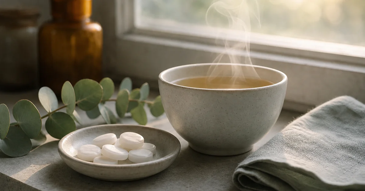 Zink-Lutschtabletten neben einer Tasse Tee, Taschentüchern und einer Uhr auf einem Nachttisch
